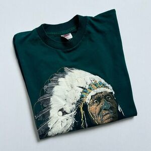 Fabec Vintage Native American Chief Print Green T-Shirt